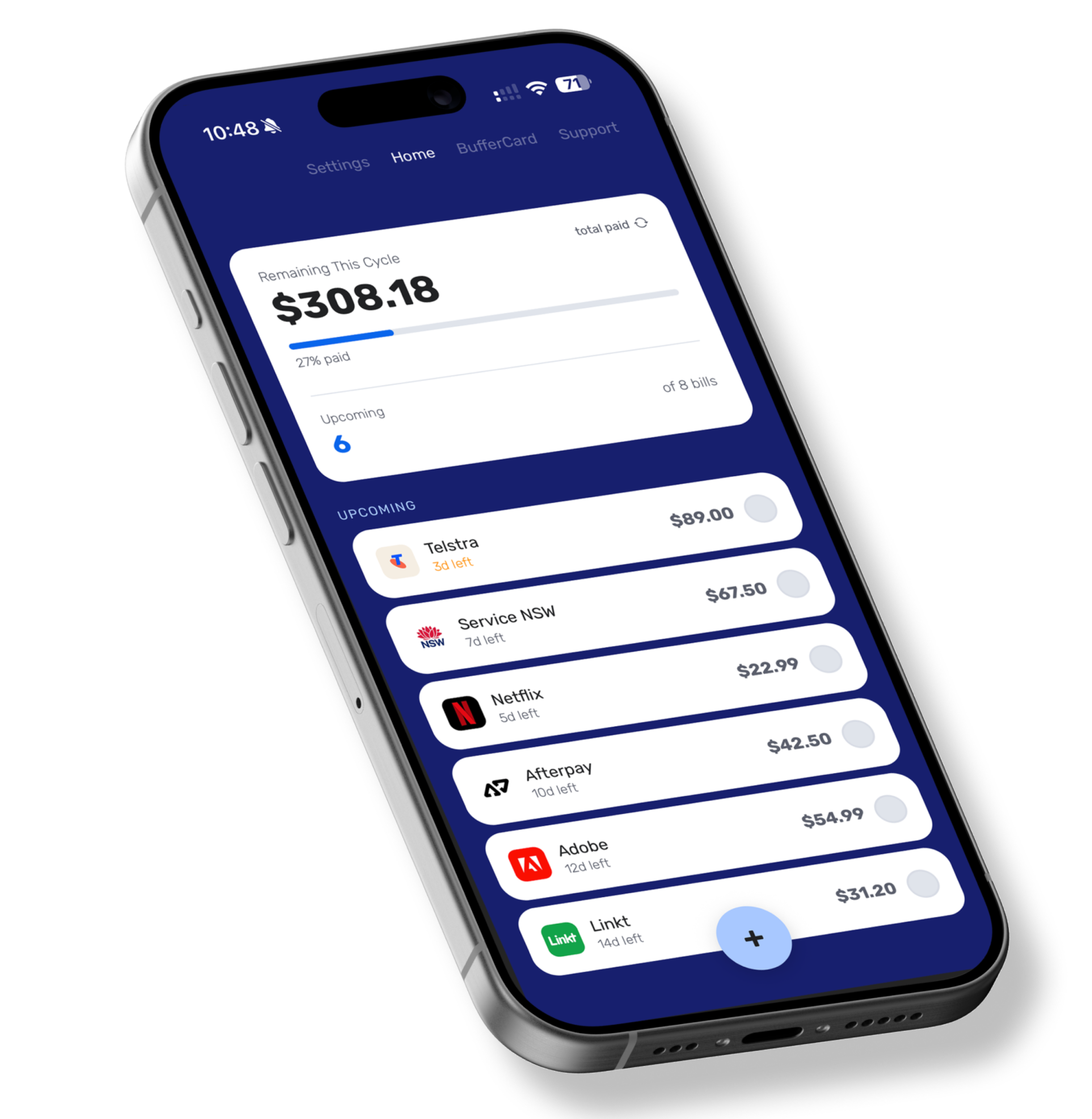 BillBuffer app showing upcoming bills